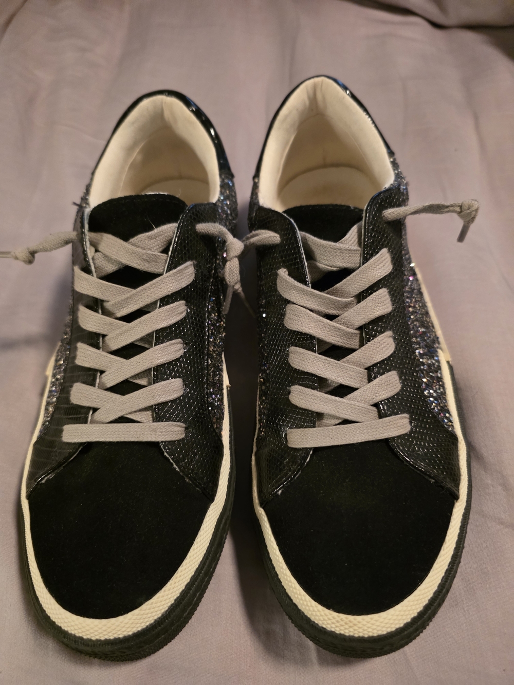 Steve Madden Black Glitter Low-Top Sneakers with Gray Laces
